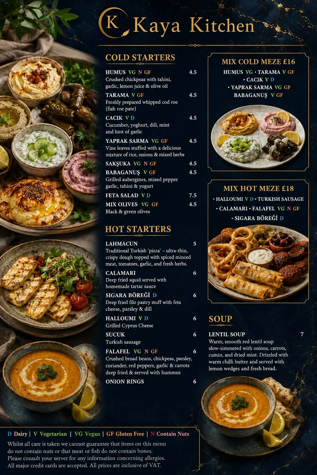 Kaya Kitchen cold starters, meze and soup menu